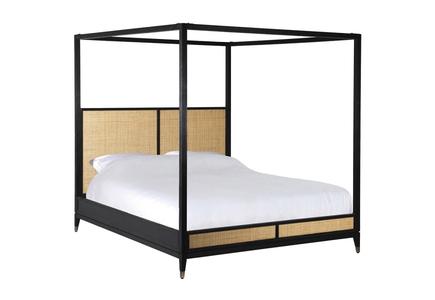 Luxusná masívna manželská posteľ Emperor s čiernym rámom a svetlohnedým ratanovým výpletom