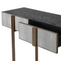Art deco konzolový stolík Otawa z masívu so sivým poťahom zo šagrénovej kože a konštrukciou zatej farby 180cm