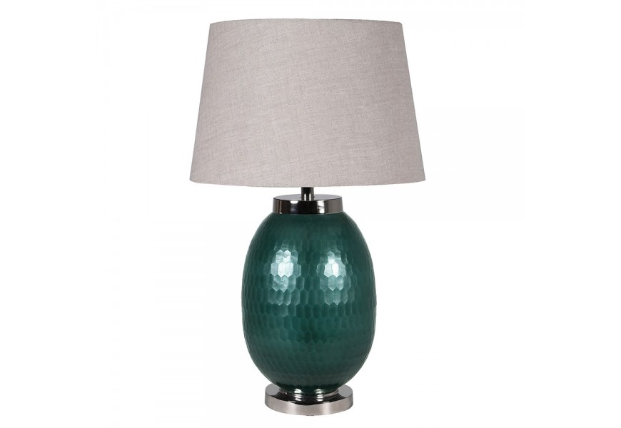 Luxusná stolná lampa Arya so zelenou zaoblenou podstavou s kladivkovým vzorom a pieskovým ľanovým tienidlom