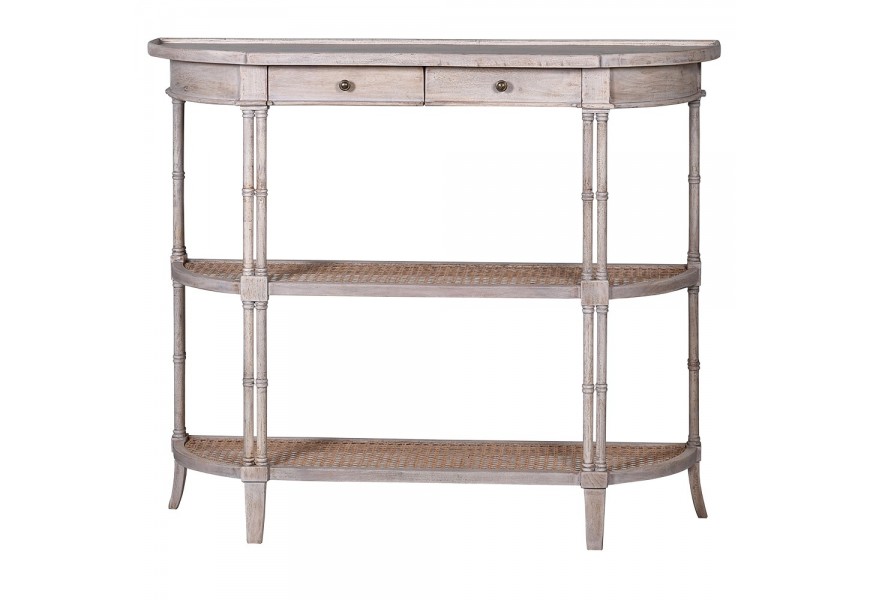 Rustikálna konzola Nature v svetlohnedej farbe z masívneho agátového dreva so zásuvkami a ratanovými poličkami