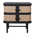 Luxusný moderný nočný stolík Emperor z dubového dreva čiernej farby s dvomi zásuvkami s ratanovým výpletom 62cm