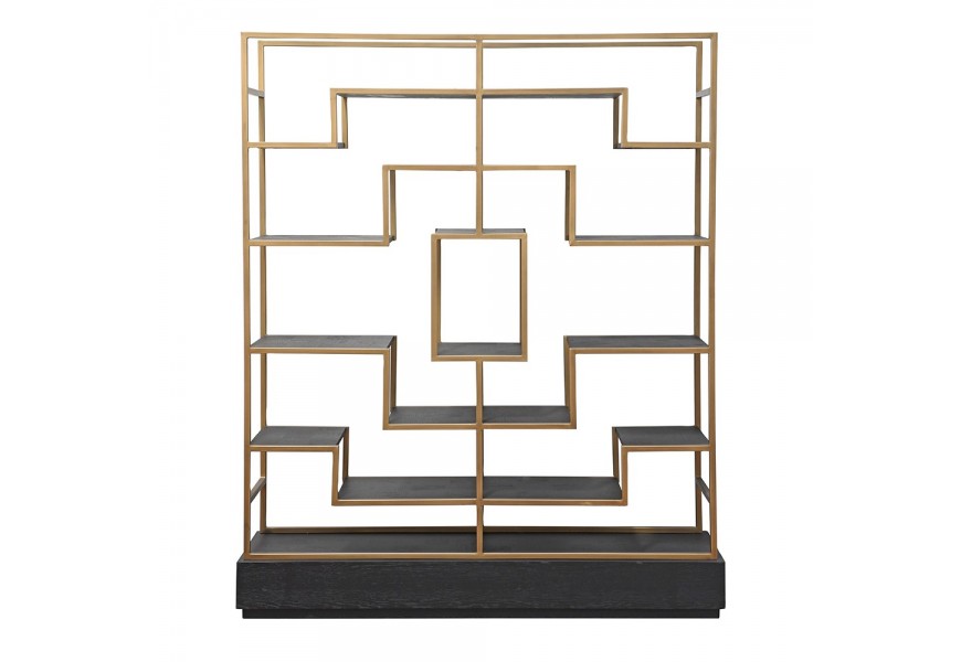 Art deco luxusný regál Emperor s kovovou konštrukciou zlatej farby s čiernymi drevenými poličkami 201cm