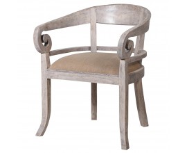Vintage jedálenská stolička Nature z akáciového dreva so zaobleným operadlom a ľanovým čalúnením 82cm