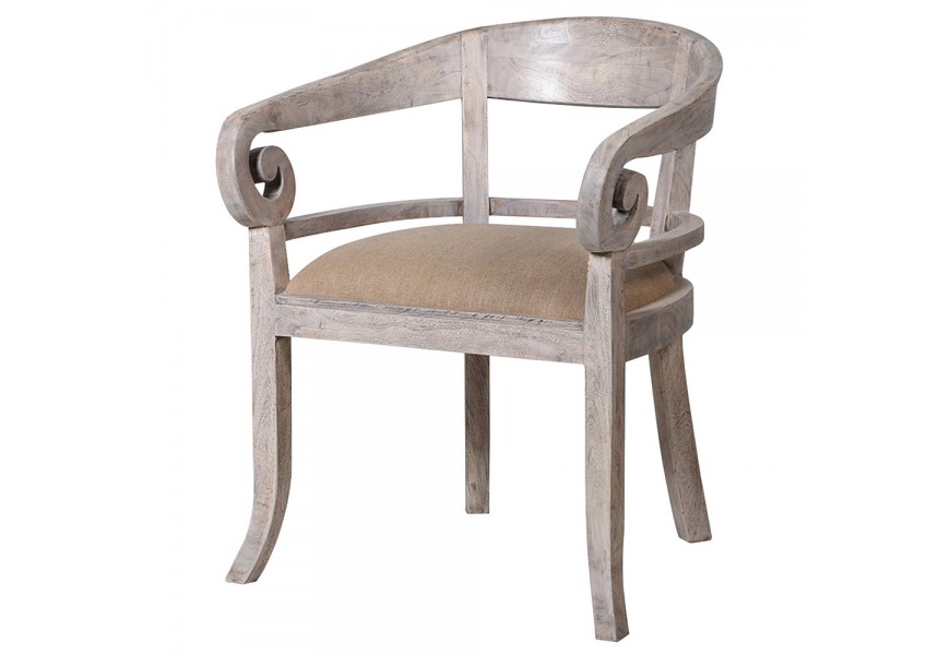 Vintage jedálenská stolička Nature z akáciového dreva so zaobleným operadlom a ľanovým čalúnením 82cm