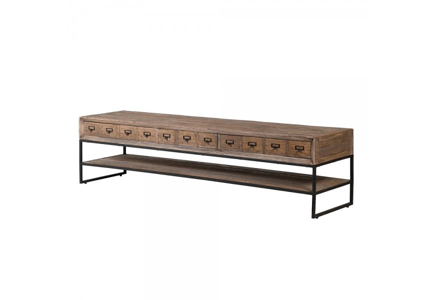 Vidiecky staro hnedý TV stolík Ondine so zásuvkami a policou s čiernou kovovou konštrukciou