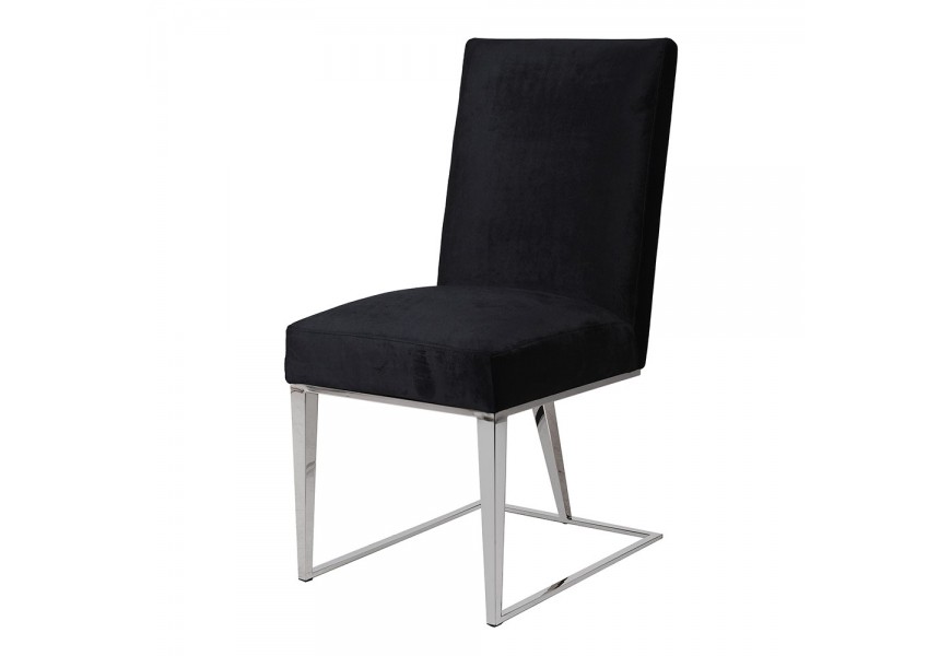 Moderná art deco jedálenská stolička Mayfair s kovovými striebornými nohami a čiernym zamatovým čalúnením