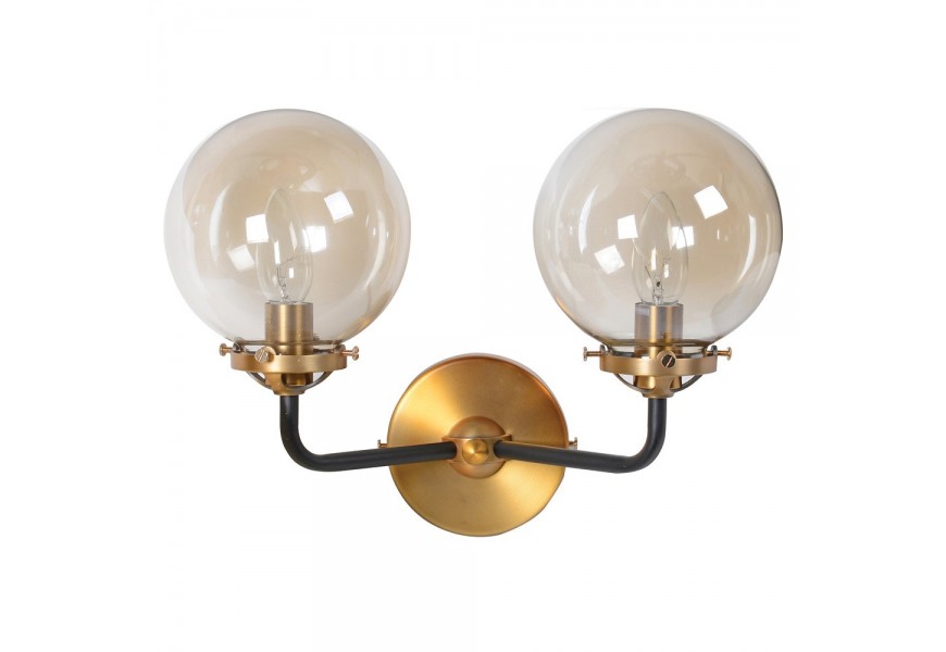 Dizajnová nástenná lampa Argus v art deco štýle so zlato-čiernou konštrukciou a guľatými tienidlami z dymového skla