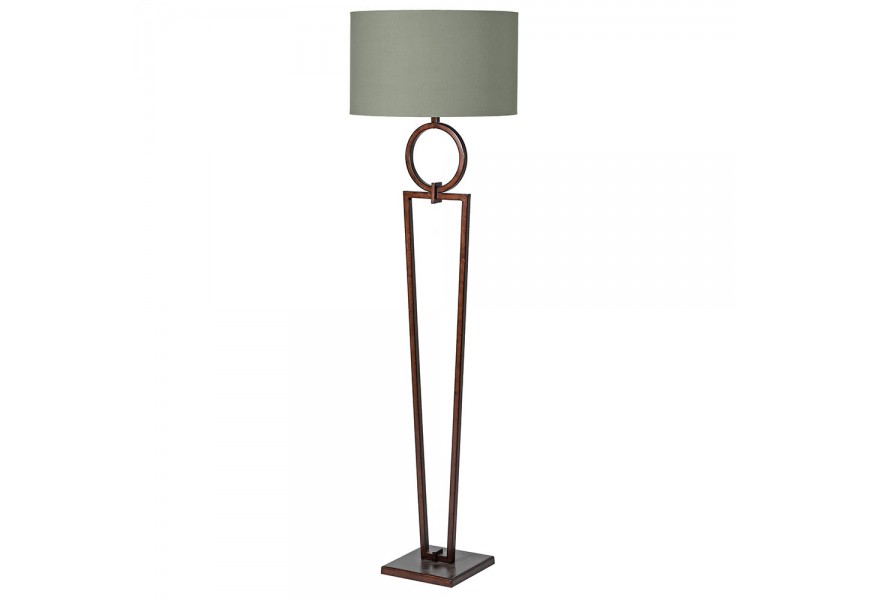 Glamour moderná stojaca lampa Adriel s kovovou tmavohnedou konštrukciou a sivým okrúhlym tienidlom zo zamatu