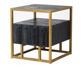 Art-deco čierny dizajnový nočný stolík Loop z masívu s kovovou konštrukciou v zlatej farbe 60cm