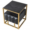 Art-deco čierny nočný stolík Loop z masívneho brestového dreva so zásuvkou a zlatou konštrukciou z kovu