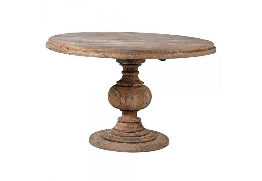 Vidiecky jedálenský stôl Kolonial z recyklovaného masívneho dreva s vyrezávanou nohou okrúhly staro hnedý