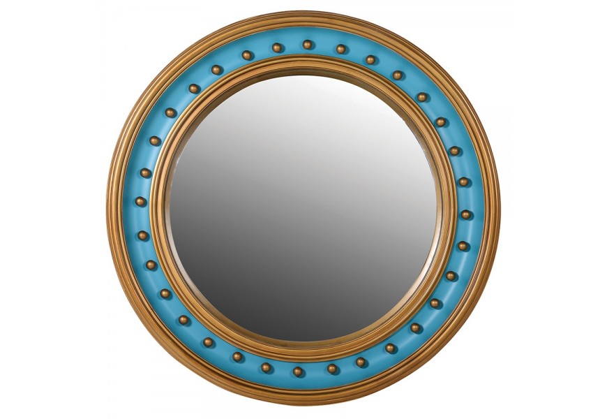 Dizajnové orientálne zrkadlo Pasha s okrúhlym dreveným rámom modro-zlatej farby