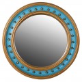 Dizajnové orientálne zrkadlo Pasha s okrúhlym dreveným rámom modro-zlatej farby