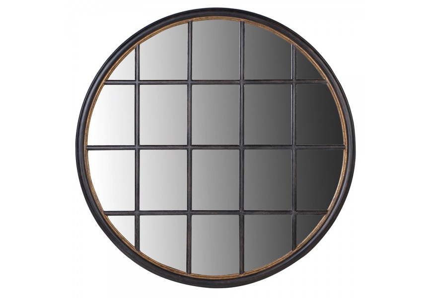 Dizajnové drevené nástenné zrkadlo Peras s okrúhlym rámom čiernej farby so zlatým zdobením