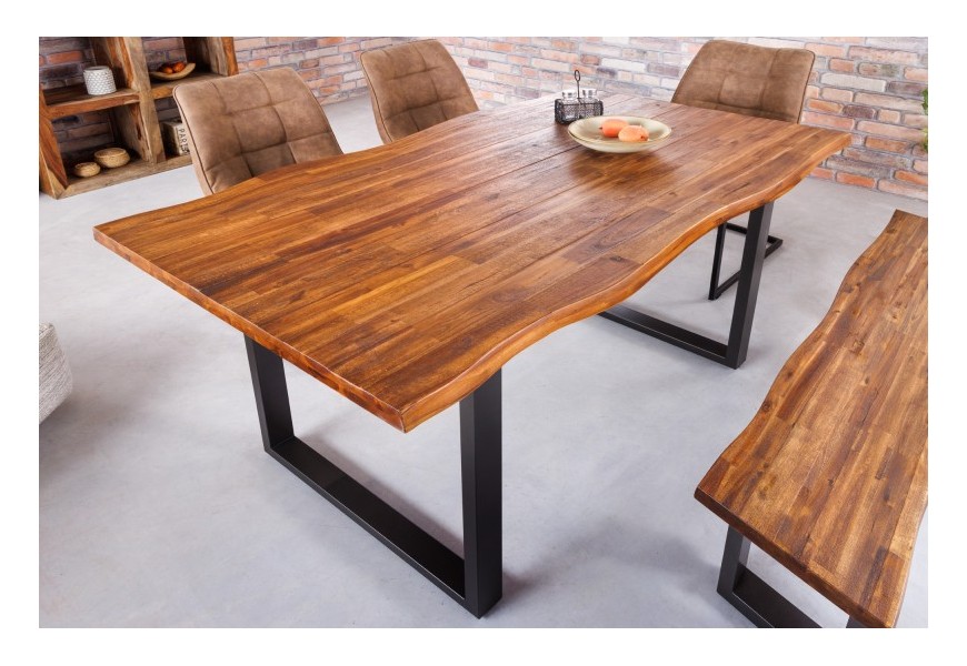 Industriálny obdĺžnikový jedálenský stôl Marron Miel z masívneho dreva s čiernymi kovovými nožičkami hnedý