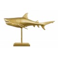 Zlatá dizajnová dekorácia žralok Perry z kovovej zliatiny na podstavci 68cm
