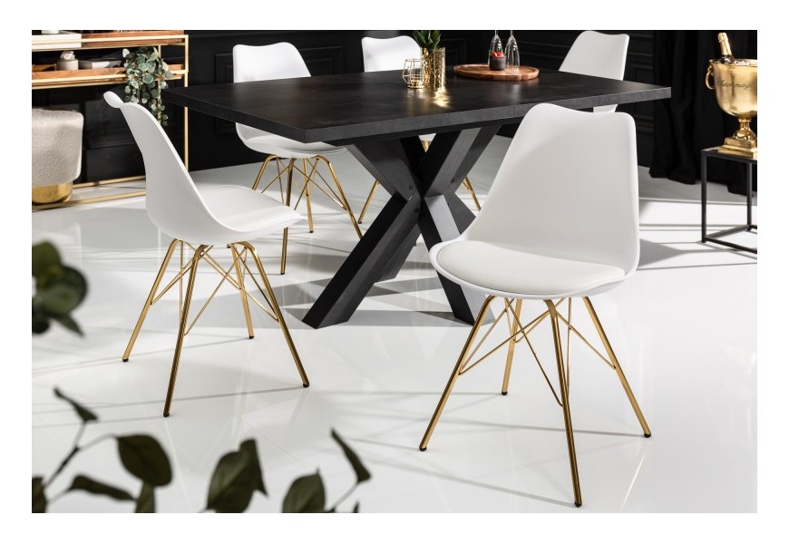 Art-deco biela jedálenská stolička Scandinavia z eko kože s kovovými nožičkami v zlatej farbe 85cm