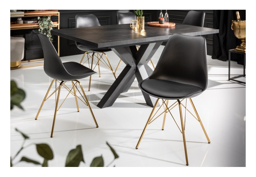 Art-deco čierna jedálenská stolička Scandinavia z eko kože s kovovými nožičkami v zlatej farbe 85cm