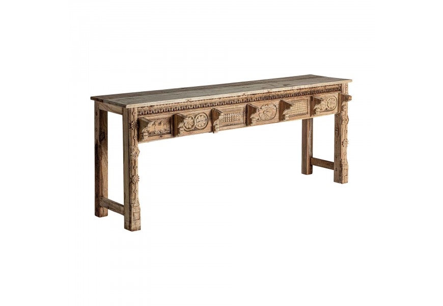 Etno konzolov&yacute; stol&iacute;k Salmee z mas&iacute;vneho mangov&eacute;ho dreva pr&iacute;rodnej hnedej farby s orient&aacute;lnym vyrez&aacute;van&iacute;m 192cm