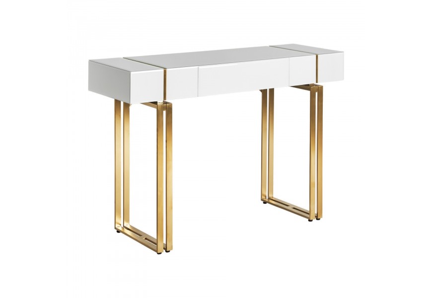 Art deco luxusný konzolový stolík Bynum biely so sklenenou doskou a kovovými nožičkami v zlatej farbe 120cm 