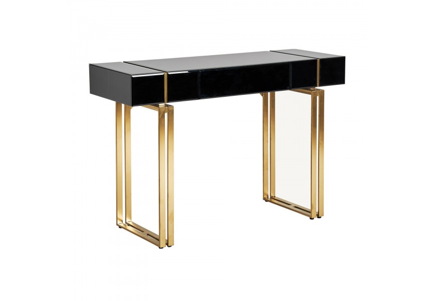 Art-deco konzolový stolík Bynum čierny so sklenenou stolovou doskou a nožičkami v zlatom kovovom prevedení