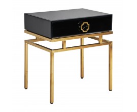 Art-deco čierny nočný stolík Gasol v luxusnom sklenenom vyhotovení so zásuvkou a kovovými nožičkami v zlatej farbe 60cm
