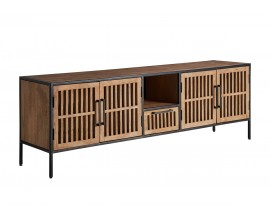 Moderný industriálny TV stolík Dureti z mangového dreva hnedej farby a s čiernou kovovou konštrukciou 200cm