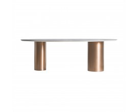 Art-deco oválny jedálenský stôl Dorfena s mramorovým vzhľadom a kovovými nohami v zlatej farbe 240cm
