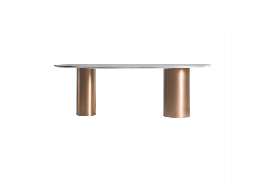 Luxusný oválny jedálenský stôl Dorfena v prevedení biely mramor s dvoma mohutnými nožičkami z kovu v zlatej farbe