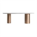 Luxusný oválny jedálenský stôl Dorfena v prevedení biely mramor s dvoma mohutnými nožičkami z kovu v zlatej farbe