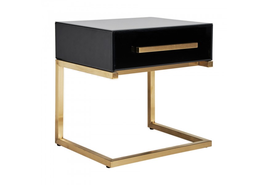 Luxusný art-deco nočný stolík Flara čierny v matnom sklenenom prevedení so zásuvkou a podstavou v zlatej farbe z kovu