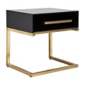 Luxusný art-deco nočný stolík Flara čierny v matnom sklenenom prevedení so zásuvkou a podstavou v zlatej farbe z kovu