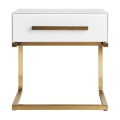 Art-deco biely nočný stolík Flara v matnom sklenenom prevedení so zásuvkou a kovovými nožičkami v zlatej farbe 51cm