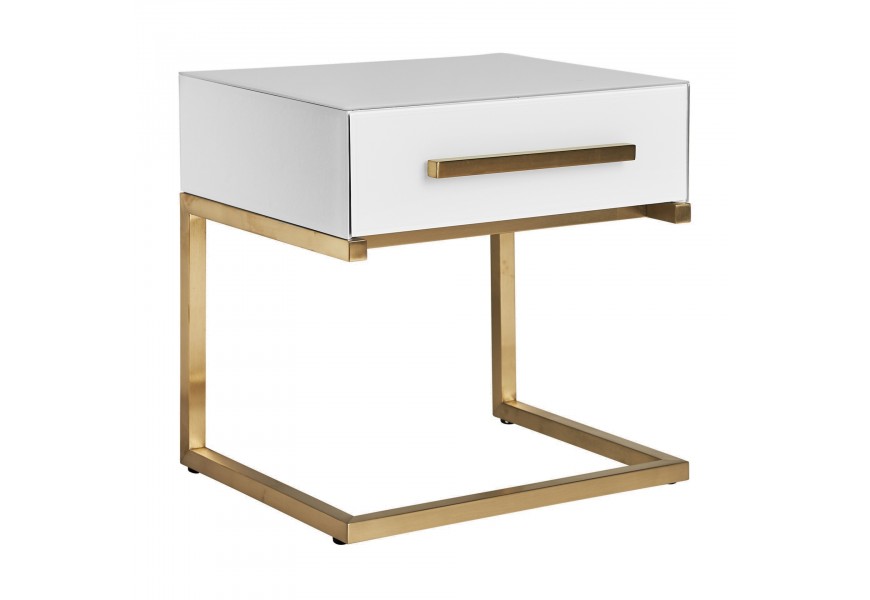 Moderný nočný stolík Flara biely so zásuvkou a kovovou podstavou v zlatom prevedení