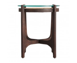Moderný okrúhly príručný stolík Nossen z mangového dreva, skla a ratanu v hnedej farbe 56cm