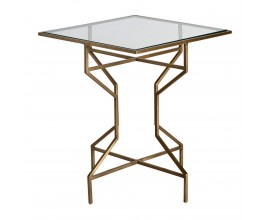 Art-deco luxusný príručný stolík Amuny so železnou tvarovanou konštrukciou v zlatej farbe a sklenenou doskou 60cm