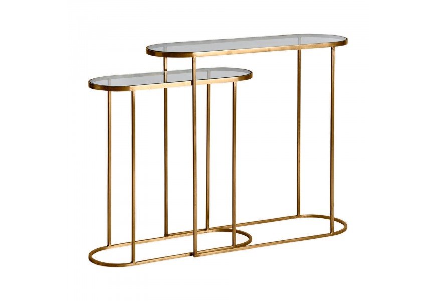Set oválnych stolíkov Amuny v art deco glamour štýle s vrchnou doskou zo skla a železnou podstavou zlatý