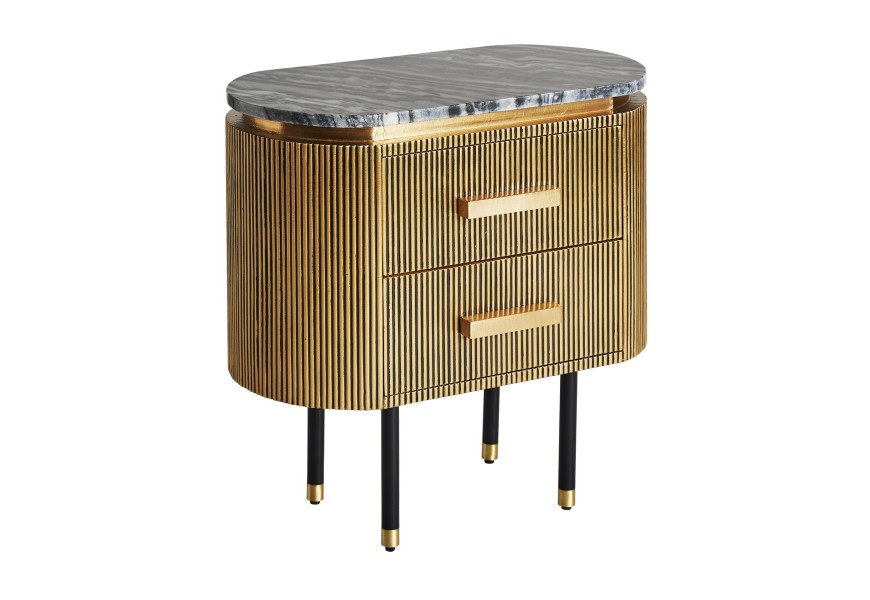 Exkluzívny glamour oválny nočný stolík Chamoix zlatej farby s čiernou mramorovou doskou a dvomi zásuvkami