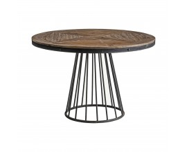 Masívny vintage jedálenský stôl Lavia Pine z masívneho dreva s čiernym kovovým rámom a podstavou okrúhly hnedý 120cm