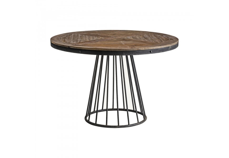 Industriálny okrúhly jedálenský stôl Lavia Pine z recyklovaného masívu a čiernou kovovou podstavou prírodne hnedý