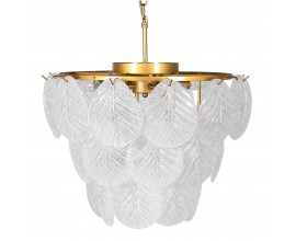Moderný art deco sklenený luster Leaf s tromi radmi nepriehľadných bielych sklenených listov a zlatou kovovou konštrukciou