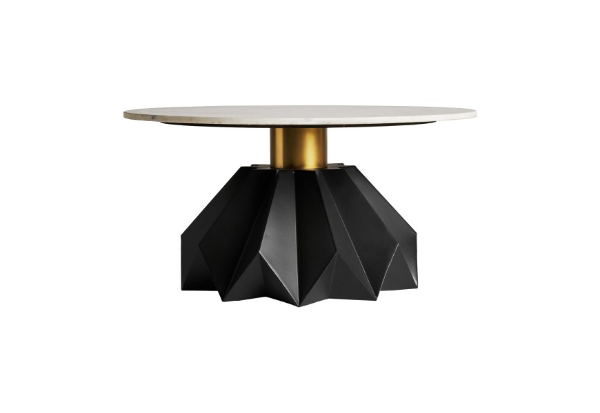 Luxusný glamour konferenčný stolík Evarista s čierno-zlatou podstavou z kovu a okrúhlou bielou mramorovou doskou
