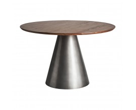 Moderný okrúhly jedálenský stôl Seipur so striebornou kovovou podstavou a masívnou hnedou vrchnou doskou 120cm 