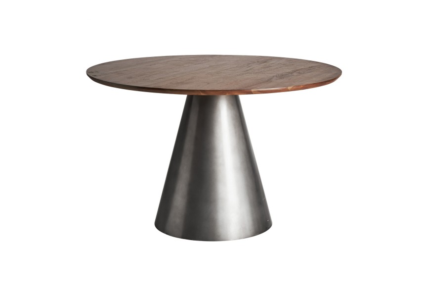 Moderný jedálenský stôl Seipur s okrúhlou drevenou doskou hnedej farby a striebornou kuželovitou podstavou z kovu