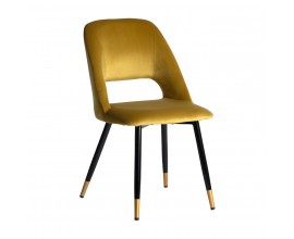 Art deco moderná jedálenská stolička Celia so zamatovým okrovým poťahom a čiernymi nohami z kovu 86cm