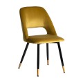 Exkluzívna zamatová jedálenská stolička Celia v art deeco štýle s okrovým žltým poťahom a čiernymi nohami z kovu