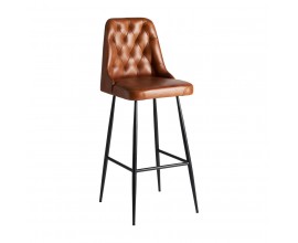 Exkluzívna kožená barová stolička Kingsley vo vintage štýle s hnedým prešívaným poťahom a čiernymi kovovými nohami