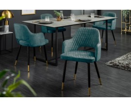 Dizajnová jedálenská stolička Decora s tyrkysovo modrým zamatovým čalúnením a čierno-zlatými nožičkami 81cm