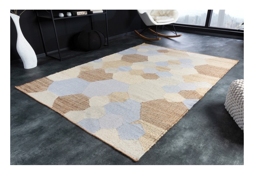 Elegantný modro-béžový koberec Sensei obdĺžnikového tvaru s konope a vlny s geometrickým zdobením
