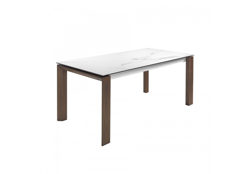Moderný rozkladací jedálenský stôl Vita Naturale z dreva a porcelánu v prevedení orech a biely mramor 180-235cm